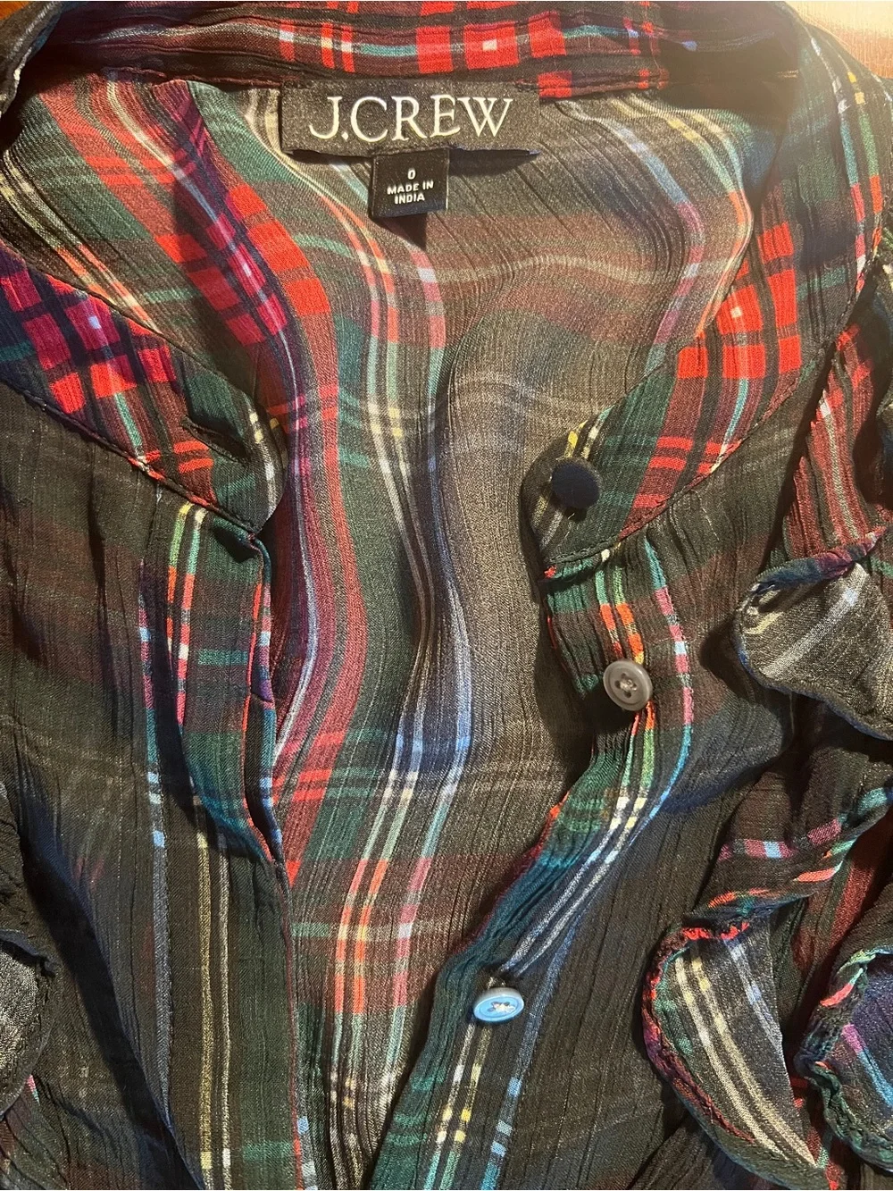 J.Crew Tartan Crinkle Cupro Ruffle Front Top Blouse Sheer Holiday Plaid Size 0